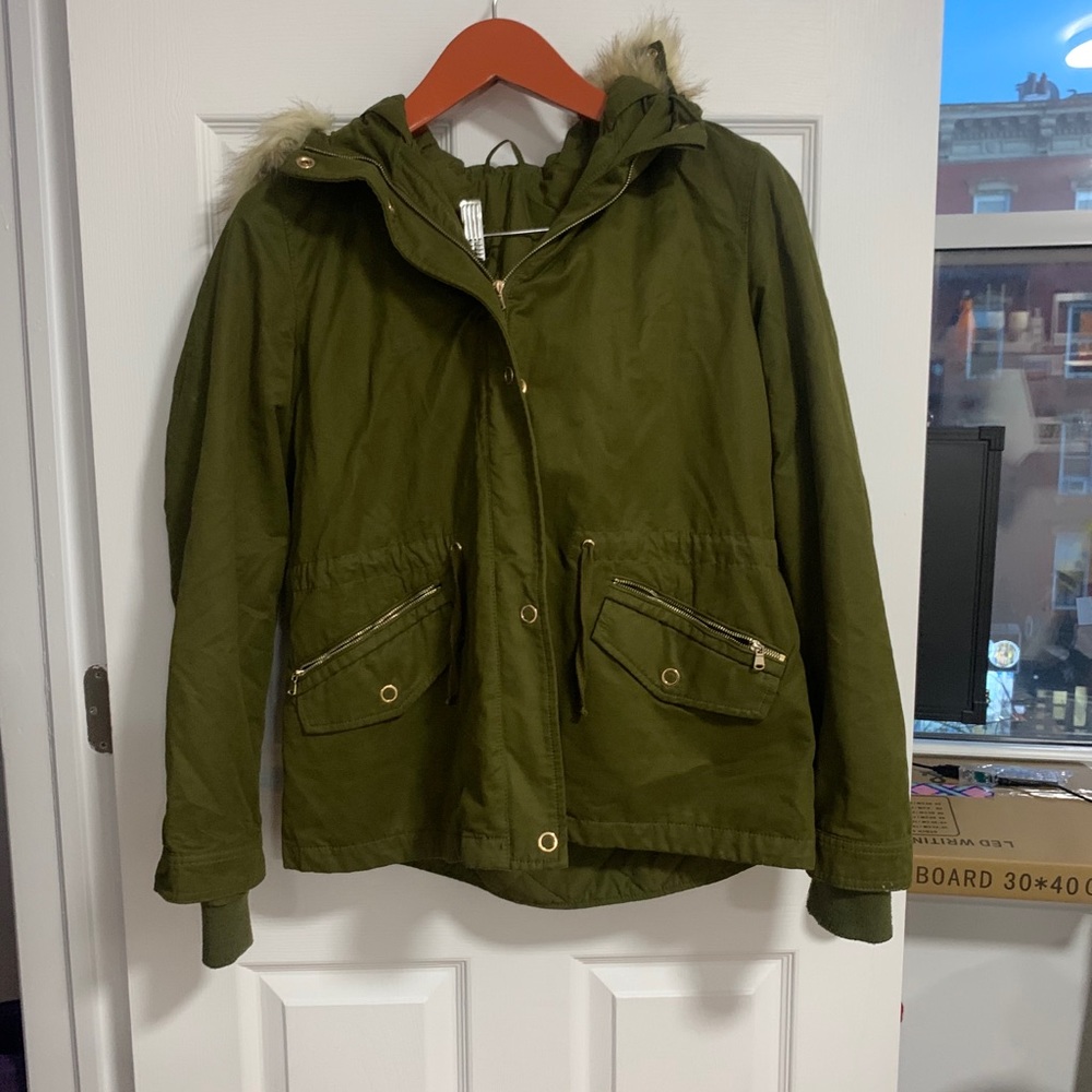 Zara Military Green Jacket w faux fur collar